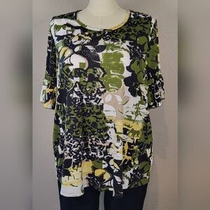 CATO Olive Green Embellished Print Ruffled Short Sleeve Top - Plus Size 18/20W